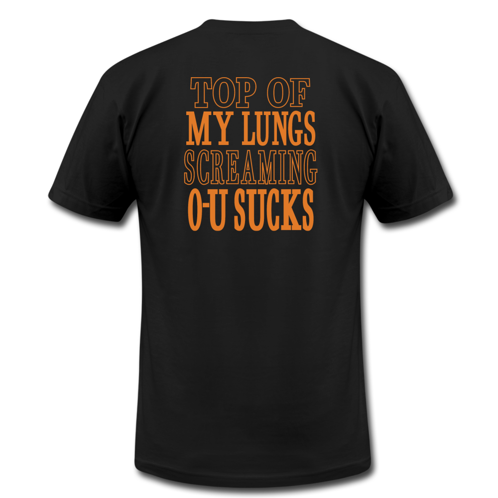 Texas Fight Front OU SUCKS Rear Shirt Unisex Jersey T-Shirt by Bella + Canvas - black
