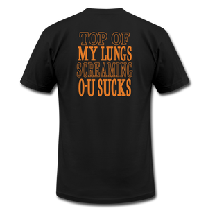Texas Fight Front OU SUCKS Rear Shirt Unisex Jersey T-Shirt by Bella + Canvas - black